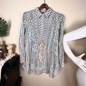 Soft Surroundings Patterned Blouse in Blue and Cream